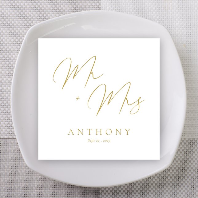 Serviette En Papier Mariage M. + Mme Marqueur Gras Or (Elegant Mr & Mrs Gold Script Custom Wedding Napkins)
