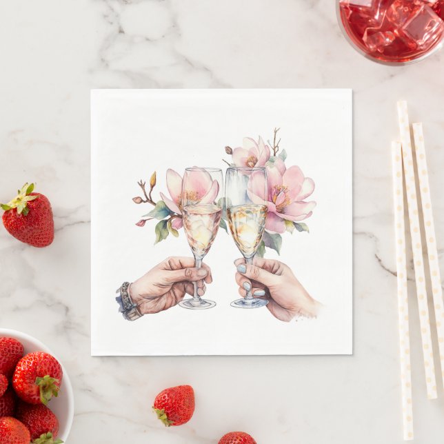 Serviette En Papier Mariage Magnolias et Lunettes de Champagne (En situation)