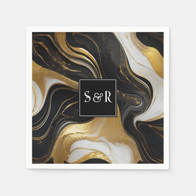 Serviette En Papier Mariage marbré Monogram Faux Gold, noir & blanc (Devant)