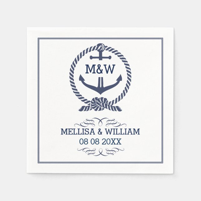 Serviette En Papier Mariage marin bleu et blanc noeud d'Ancre  nautiqu (Devant)