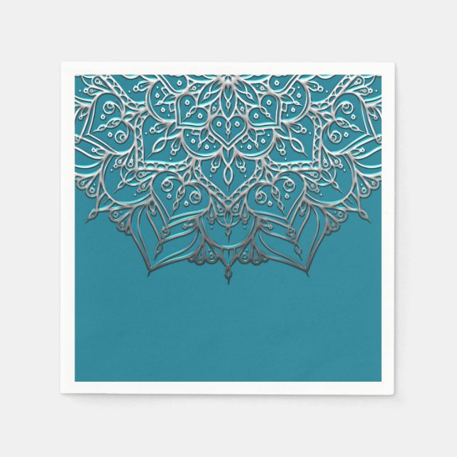 Serviette En Papier Mariage minimal élégant mandala argent et sarcelle (Devant)
