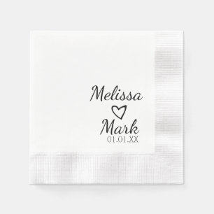 Serviette En Papier Mariage minimal simple Coeur noir blanc Monogramme