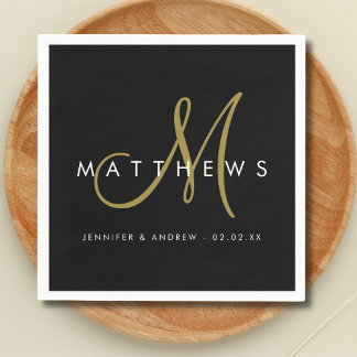 Serviette En Papier Mariage minimaliste moderne à monogramme noir et o