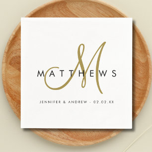 Serviette En Papier Mariage minimaliste moderne à monogramme noir et o