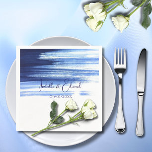 Serviette En Papier Mariage Moderne à l'Aquarelle Bleu Nuit et Blanc