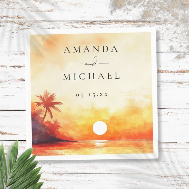 Serviette En Papier Mariage moderne aquarelle coucher de soleil tropic (Modern Watercolor Tropical Beach Sunset Wedding Napkins)