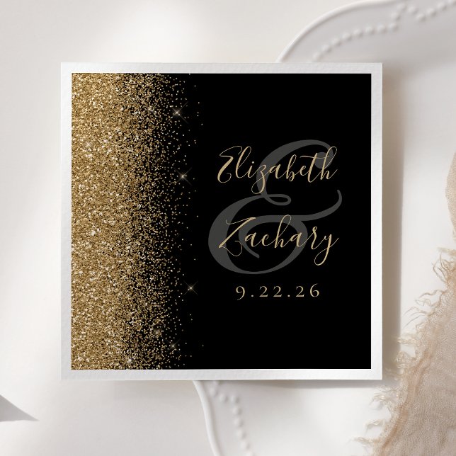 Serviette En Papier Mariage Moderne avec Bordure Pailletée Or Noir (Créateur téléchargé)