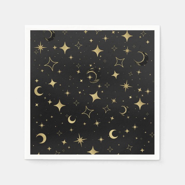 Serviette En Papier Mariage moderne céleste lune étoiles noir et or (Devant)