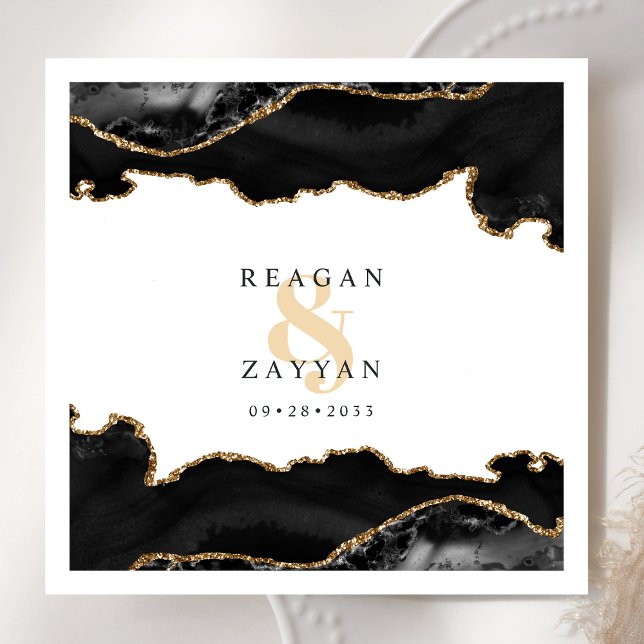 Serviette En Papier Mariage Moderne Élégant Agate Marbre Noir Et Or (Créateur téléchargé)