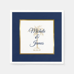 Serviette En Papier Mariage Moderne Élégant Bleu Nuit Or Palmier