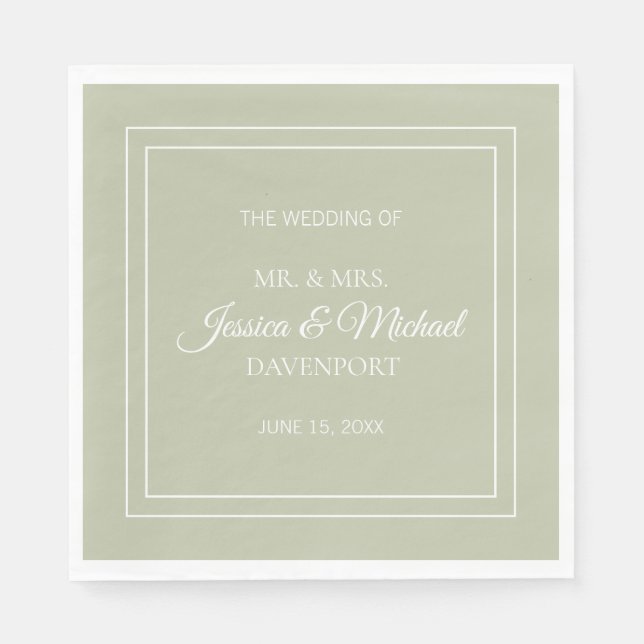 Serviette En Papier Mariage Moderne Élégant Écriture Vert Sauge Blanc (Devant)