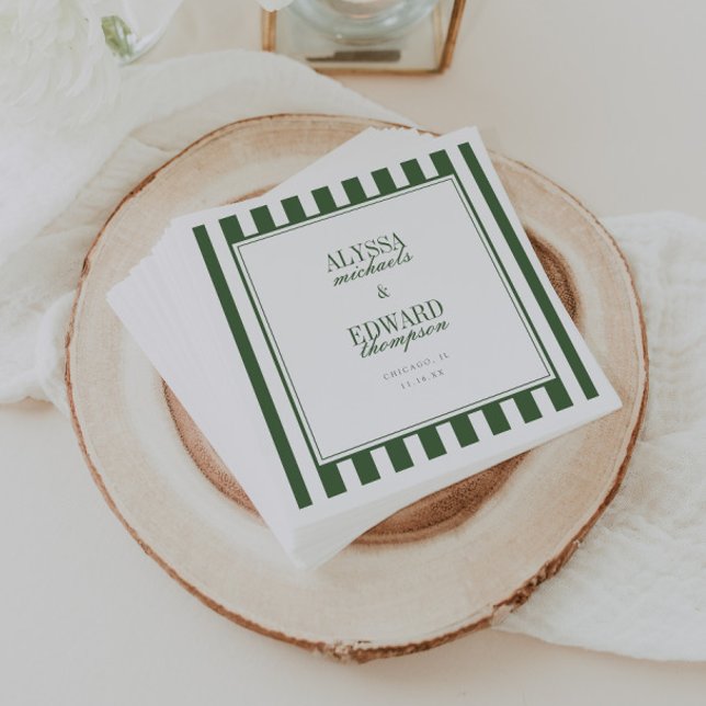 Serviette En Papier Mariage Moderne Élégant Rayé Vert Olive Script (Créateur téléchargé)
