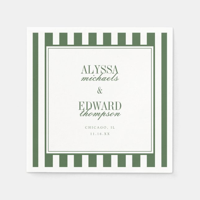 Serviette En Papier Mariage Moderne Élégant Rayé Vert Olive Script (Devant)