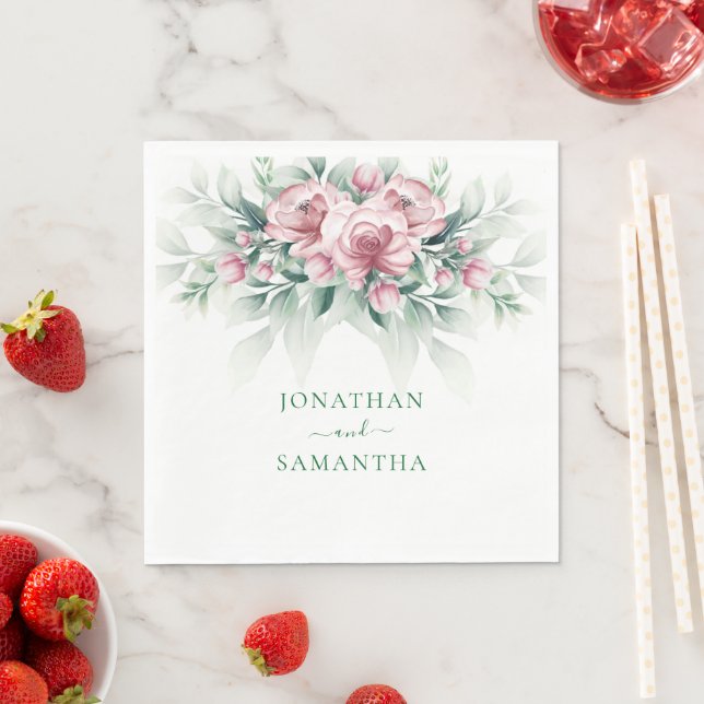Serviette En Papier Mariage Moderne Élégant Rose Vert (En situation)