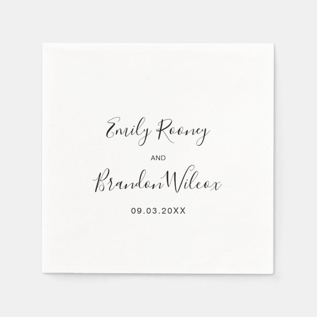 Serviette En Papier Mariage Moderne Élégant Script Noir et Blanc (Devant)