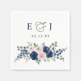 Serviette En Papier Mariage Moderne Floral Bleu Marine et Blush