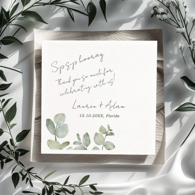 Serviette En Papier Mariage Moderne Simple au feuillage d'eucalyptus (Créateur téléchargé)
