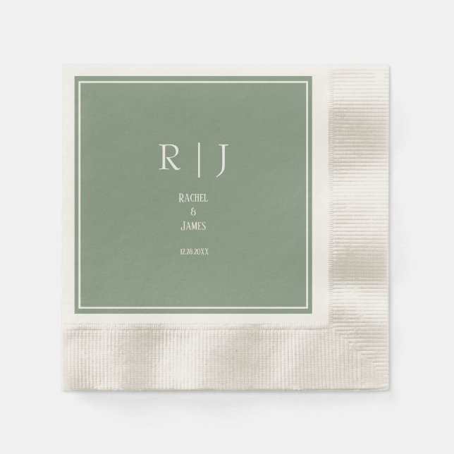 Serviette En Papier Mariage Moderne Tendance Monogramme Initiale Vert  (Devant)