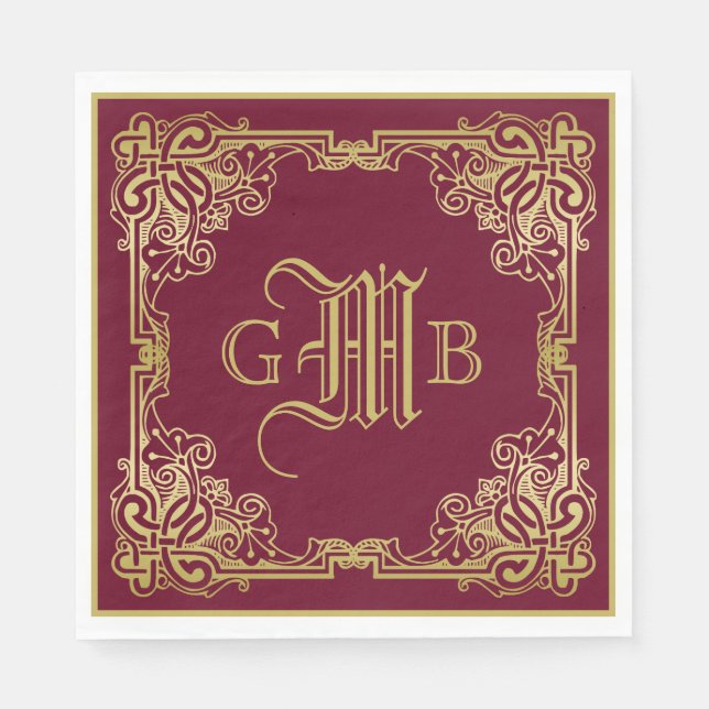 Serviette En Papier Mariage Monogram Classic Gold Frame Bourgogne (Devant)