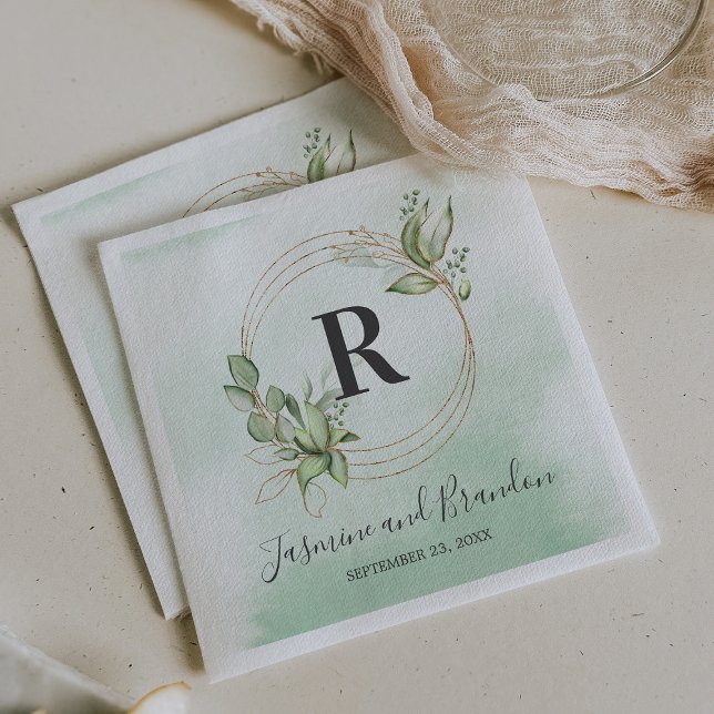 Serviette En Papier Mariage Monogramme Aquarelle Verdure Or (Créateur téléchargé)