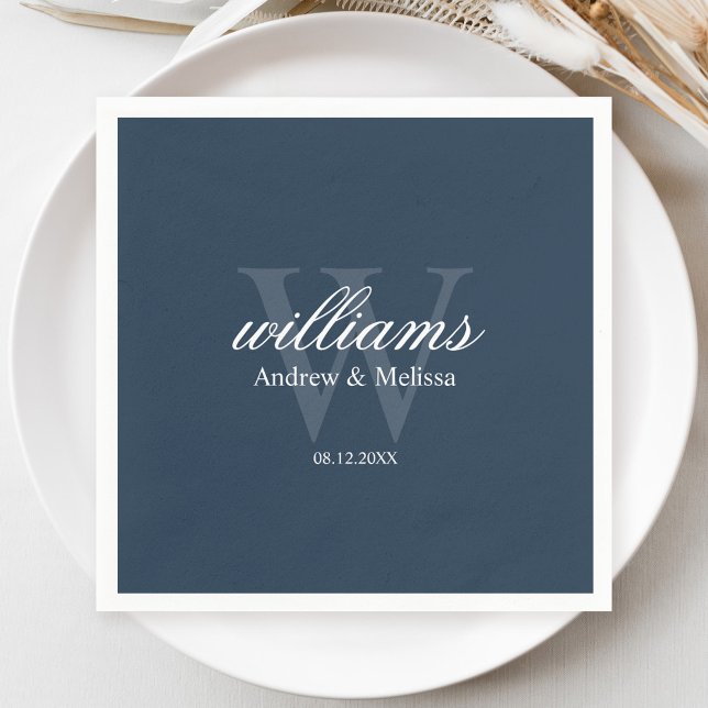 Serviette En Papier Mariage Monogramme Bleu Marine et Blanc (Créateur téléchargé)