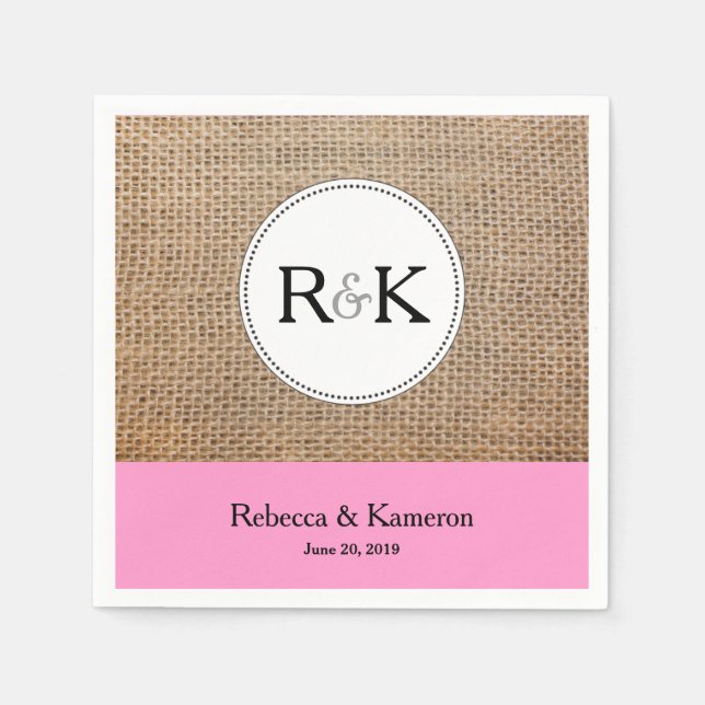 Serviette En Papier Mariage monogramme Burlap et rose clair (Devant)