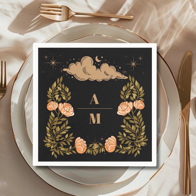 Serviette En Papier Mariage Monogramme Céleste Minuit Étoiles Noires (Créateur téléchargé)