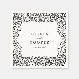 Serviette En Papier Mariage Monogramme Classique Orné Vintage Noir