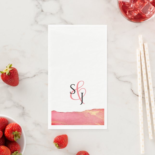 Serviette En Papier Mariage Monogrammé Corail Rose (En situation)