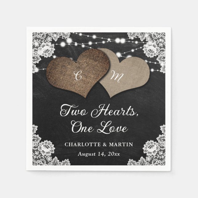 Serviette En Papier Mariage Monogramme de dentelle noir (Devant)