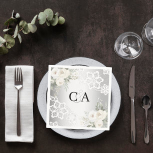 Serviette En Papier Mariage monogramme de fleurs blanches argentées