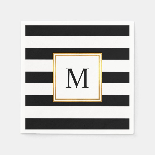 Serviette En Papier Mariage Monogramme de trame or noir blanc rayures (Devant)