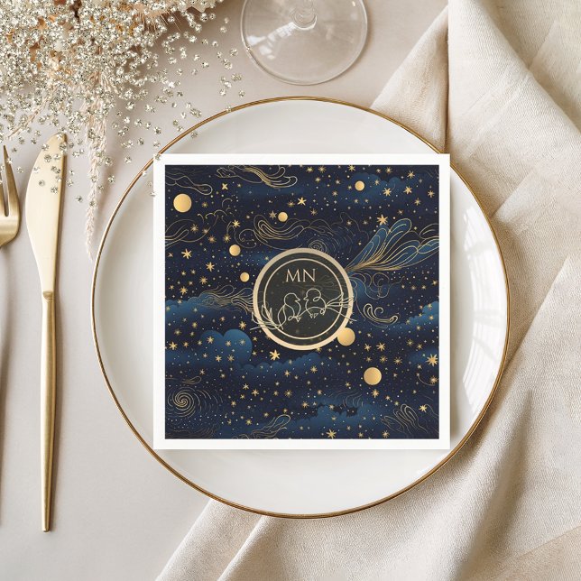 Serviette En Papier Mariage Monogramme Doré de la Marine Céleste (Créateur téléchargé)