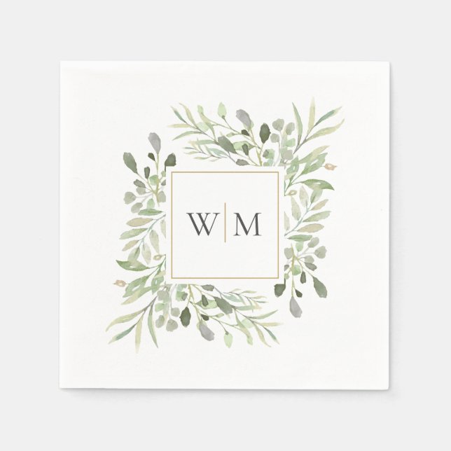 Serviette En Papier Mariage Monogramme Doré de Verdure Moderne (Devant)