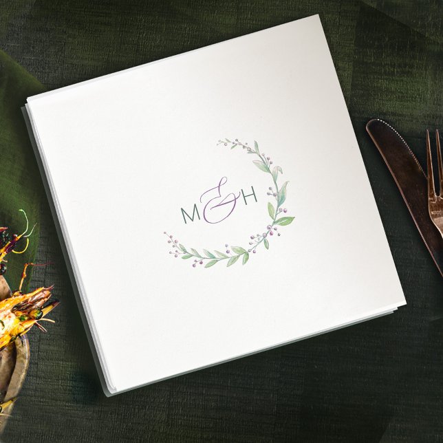 Serviette En Papier Mariage monogramme du feuillage vert mauve (Créateur téléchargé)