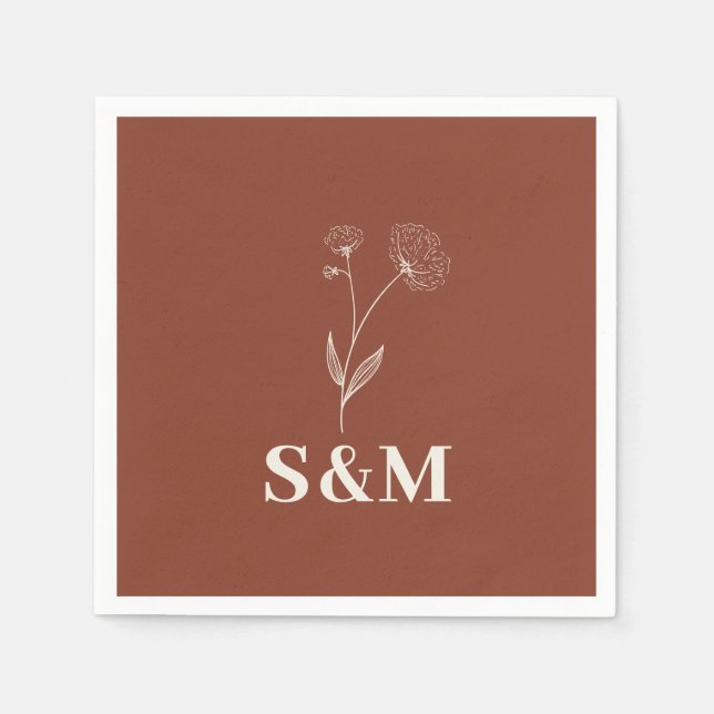 Serviette En Papier Mariage Monogramme Fleur de Coton Terracotta (Devant)