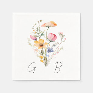 Serviette En Papier Mariage Monogramme Fleur des Champs à l'Aquarelle
