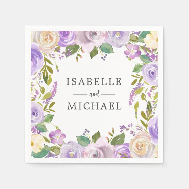 Serviette En Papier Mariage Monogramme Floral Blanc Violet (Devant)