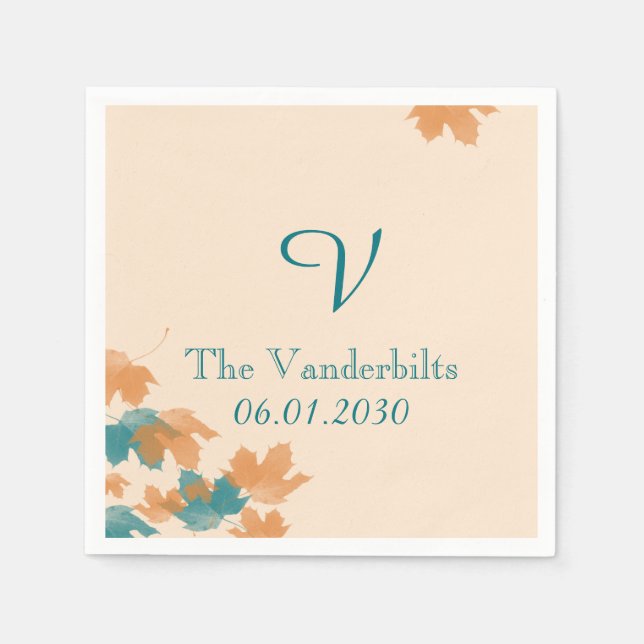 Serviette En Papier Mariage Monogramme Mariage Orange et Aqua (Devant)