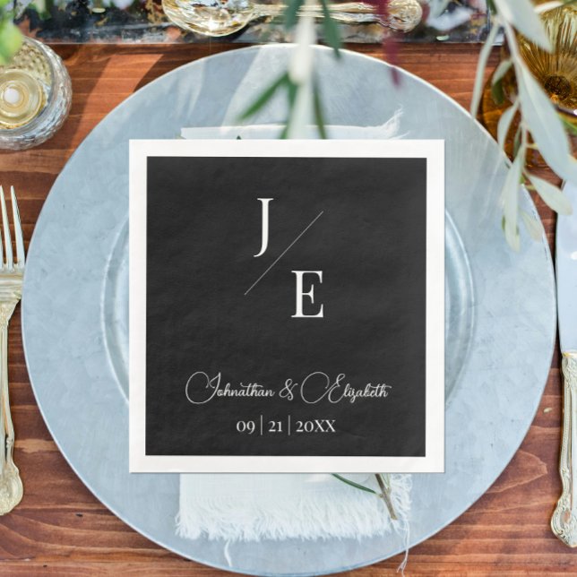 Serviette En Papier Mariage monogramme minimal | Noir (Black Minimalist Monogram Wedding Paper Dinner Napkins)