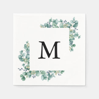Serviette En Papier Mariage Monogramme Minimaliste Feuille Verte d'Euc