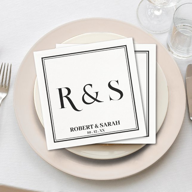 Serviette En Papier Mariage Monogramme moderne simple à double bordure (monogram double square border wedding reception bridal shower napkin)