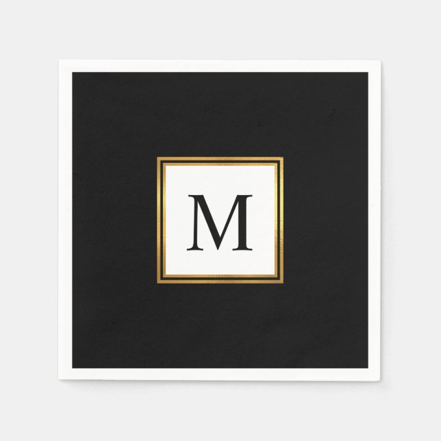 Serviette En Papier Mariage Monogramme noir blanc cadre or moderne (Devant)
