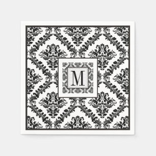 Serviette En Papier Mariage monogramme noir, blanc damassé