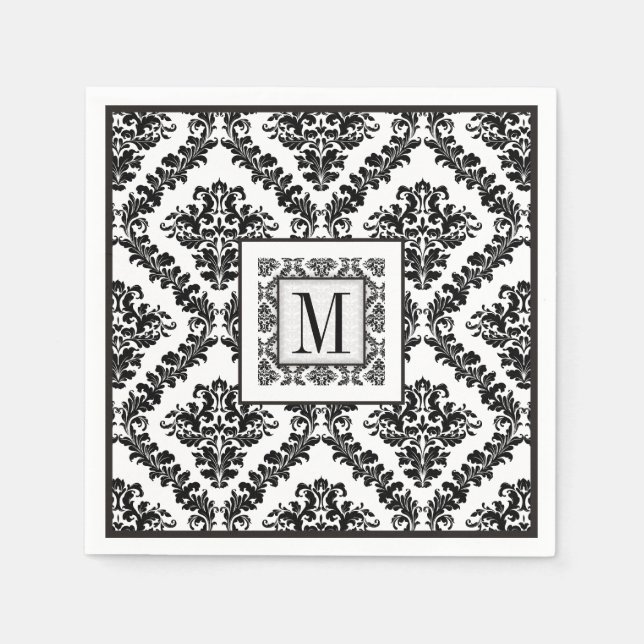 Serviette En Papier Mariage monogramme noir, blanc damassé (Devant)