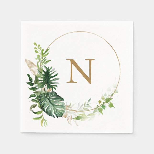 Serviette En Papier Mariage Monogramme Or à la Végétation Tropicale (Devant)
