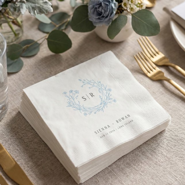 Serviette En Papier Mariage Monogramme Orné Bleu Douce Bohème (Créateur téléchargé)