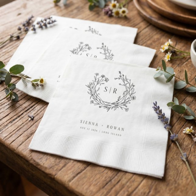 Serviette En Papier Mariage Monogramme Orné Bohème Gris Foncé (Créateur téléchargé)