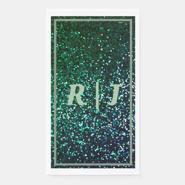 Serviette En Papier Mariage Monogrammé Paillettes Vert Sauge Émeraude (Devant)