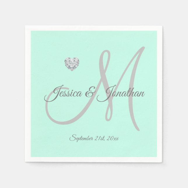 Serviette En Papier Mariage monogramme personnalisé Mint Green Heart (Devant)
